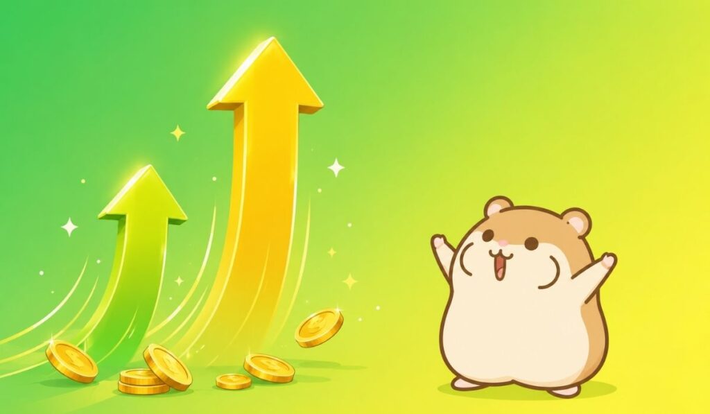 グリーンの背景の右下にハムスターが立ち、左側に高さの異なる2本の上向き矢印とコインが描かれているイラスト