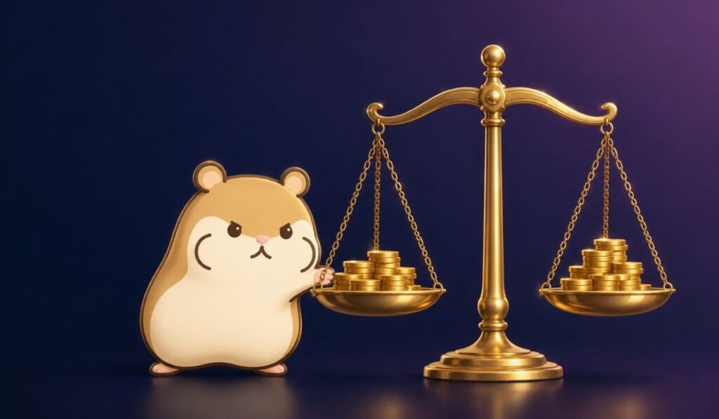 紺色の背景の左寄りにハムスターが立ち、右側にゴールドの天秤と左右の皿に積まれたコインの山が描かれているイラスト