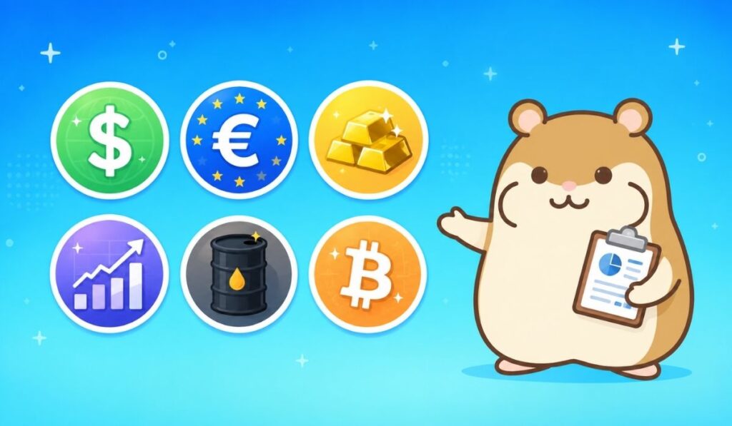 ブルーの背景の右側にハムスターが立ち、左側に通貨記号やゴールド延べ棒や株価グラフなどの銘柄アイコンが6つのグリッドで並んでいるイラスト