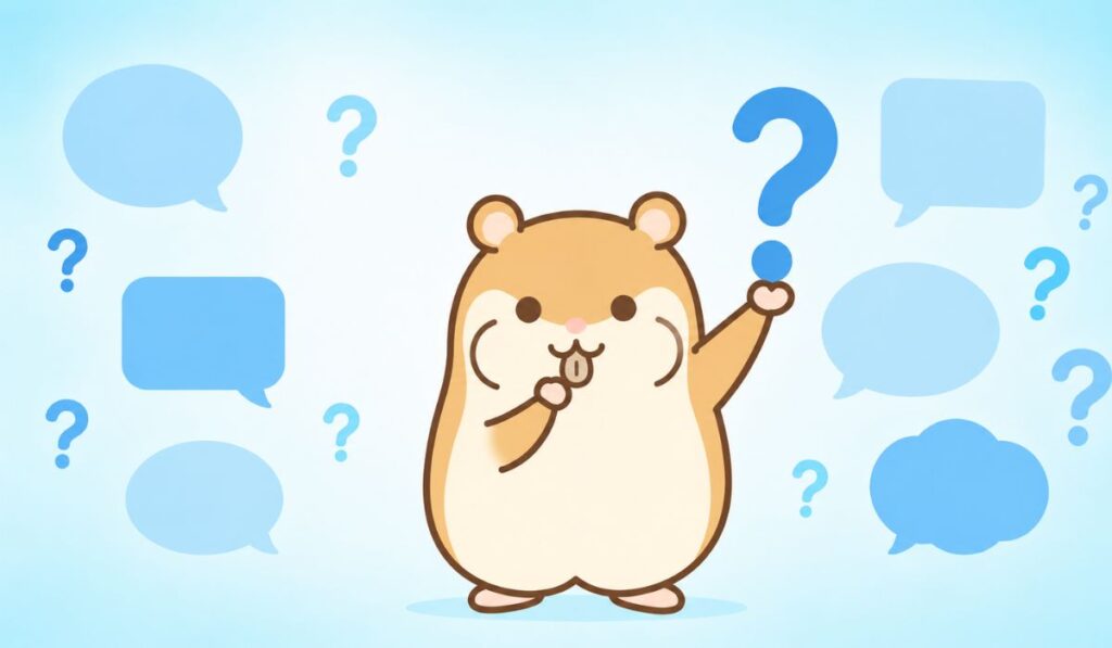 複数の吹き出しとクエスチョンマークに囲まれて考え込むハムスター