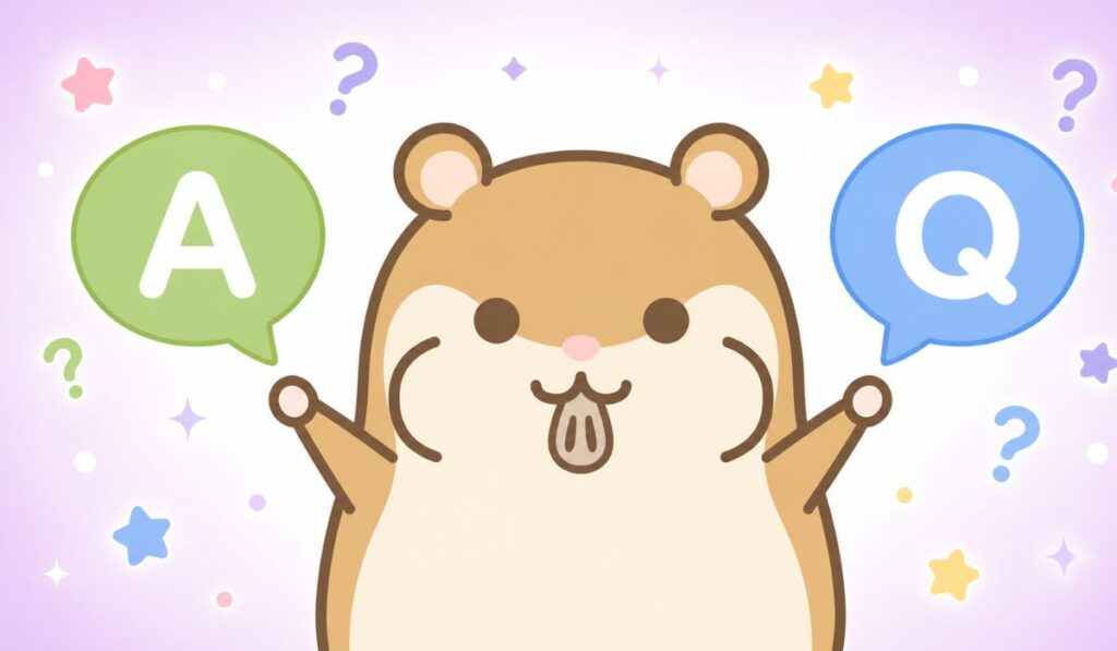 左右に浮かぶQとAの吹き出しを、それぞれ両腕で指し示しながら教えるような表情をするハムスターのキャラクター