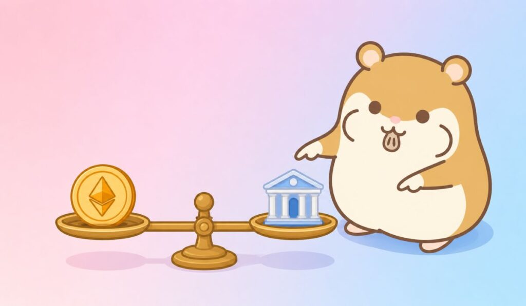 水平に釣り合った天秤の左右の皿をそれぞれ両腕で指し示すハムスターのキャラクター