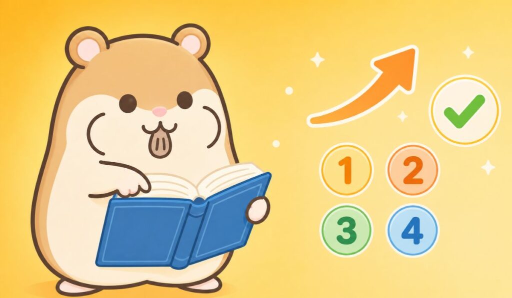 青いルールブックを右腕で抱え、左腕で開いたページの一点を指し示すハムスターのキャラクター