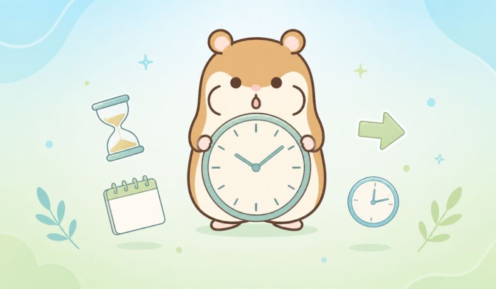 大きな壁掛け時計を両腕で左右から支えながら見上げるハムスターのキャラクター