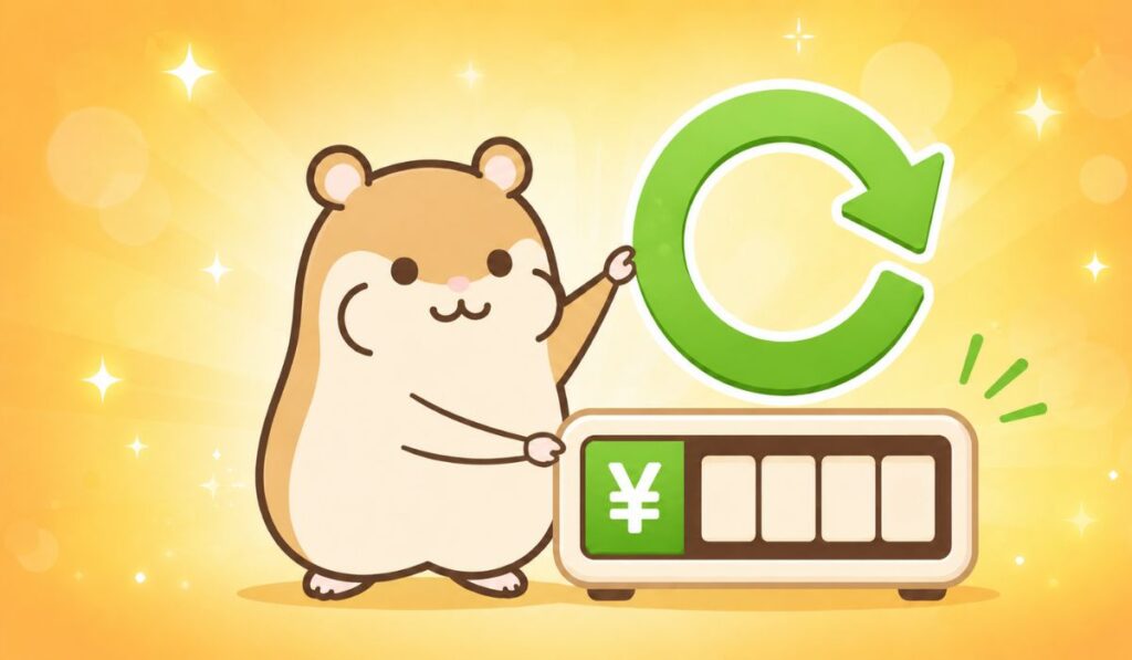 円形リセット矢印と数字カウンターの横に立つハムスターキャラクター