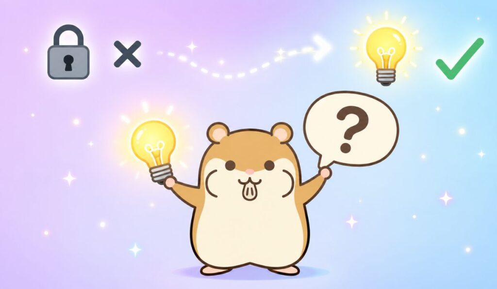 クエスチョンマークの吹き出しと電球を両腕で掲げるハムスターキャラクター