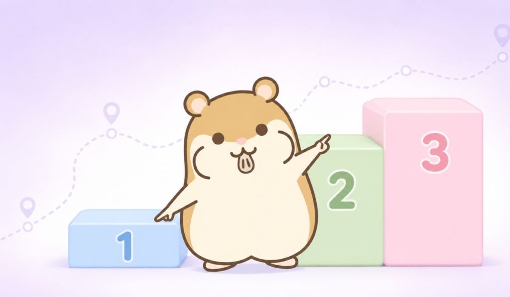 1から3の階段ステップを左右に指し示すハムスターキャラクター