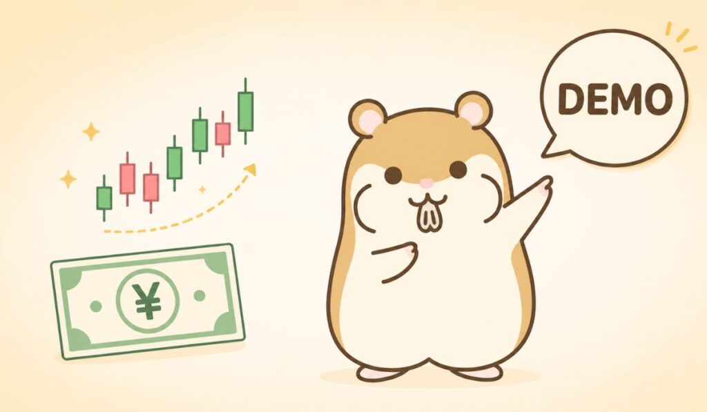 DEMOの吹き出しを指し示すハムスターキャラクター