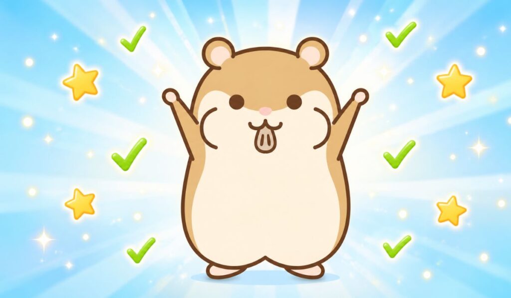 両腕を高く広げてV字ガッツポーズを取るハムスターキャラクター