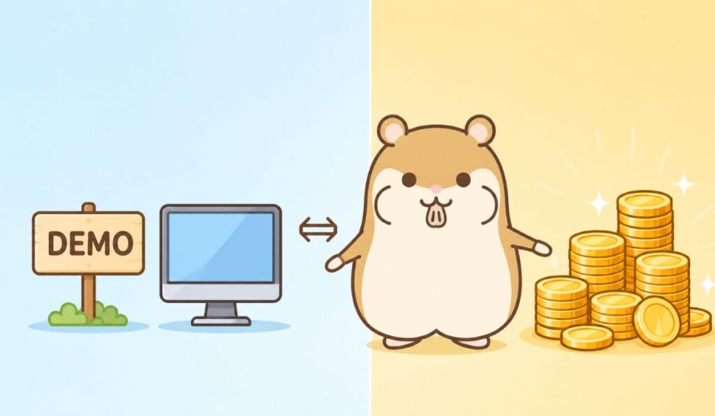 DEMO看板と金貨の山を左右に指し示すハムスターキャラクター