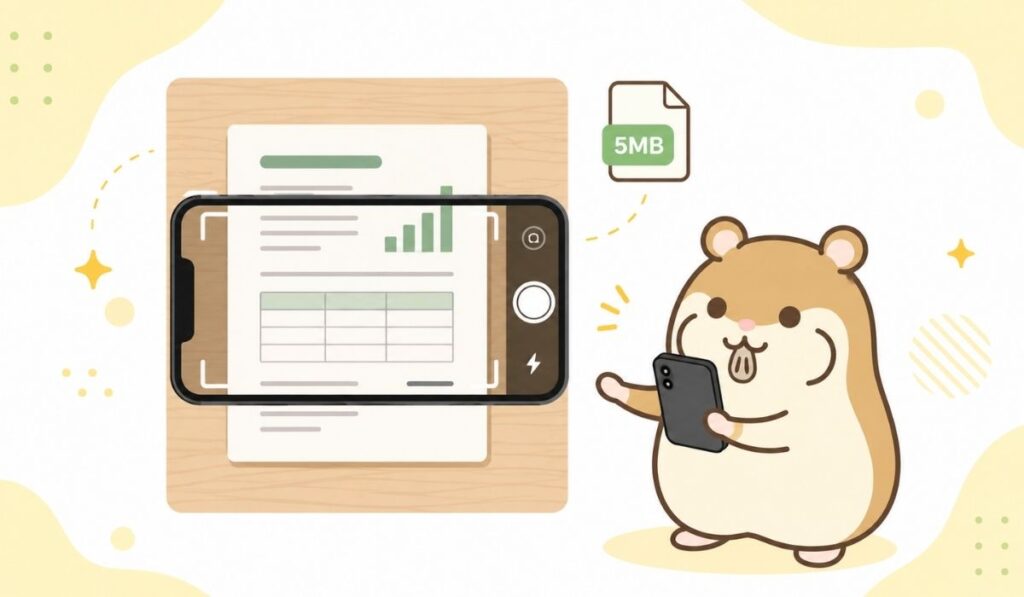 スマートフォンのカメラで書類を撮影するハムスターのイラスト