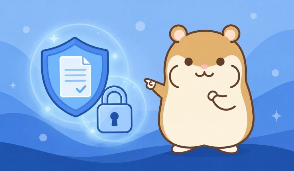 盾と鍵のアイコンで書類の安全を示すハムスターのイラスト