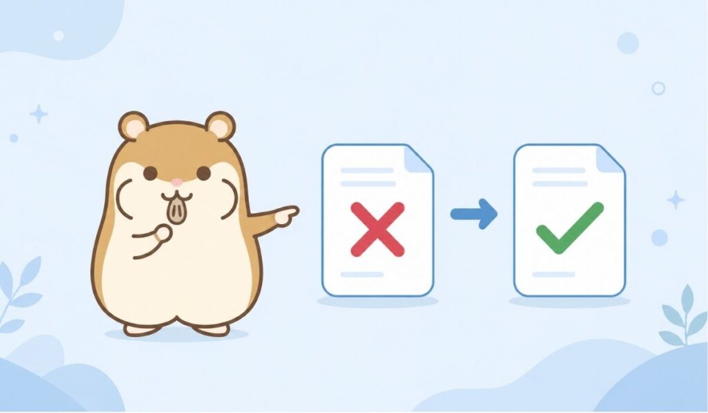 差し戻された書類と再提出の流れを示すハムスターのイラスト