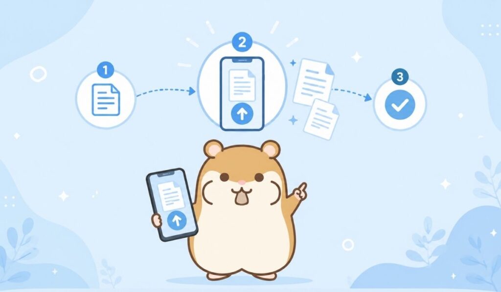 スマートフォンで書類をアップロードする手順を案内するハムスターのイラスト