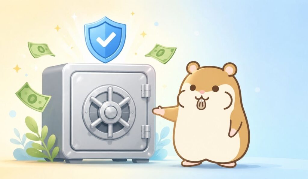 銀色の金庫と青い盾のセキュリティアイコンを左腕で示すハムスター