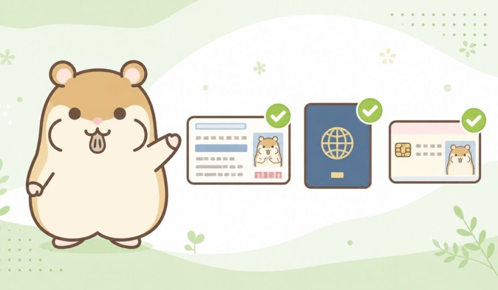 運転免許証・パスポート・ICカードの身分証明書を提示するハムスターのイラスト