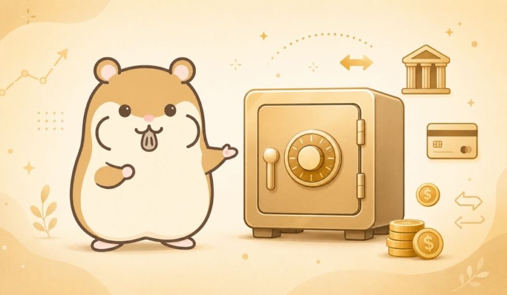 左寄りのハムスターが両腕を前方に伸ばして案内するポーズを取り、右寄りに大きな金庫のイラストと、その周囲に銀行・クレジットカード・コイン・双方向矢印のアイコンが散りばめられている様子