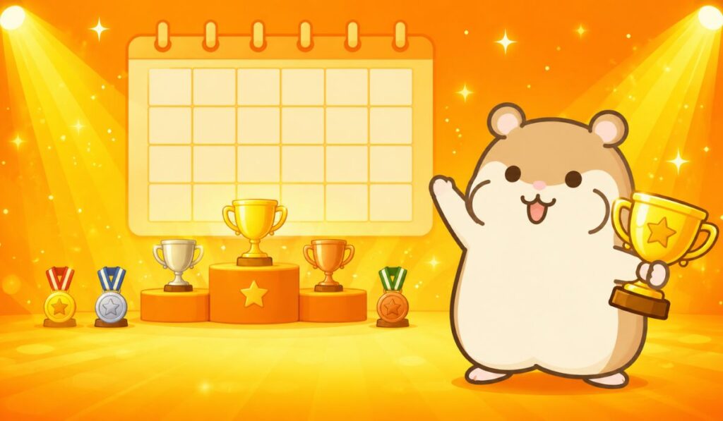 コンテスト会場のような背景でゴールドのトロフィーを掲げるハムスター