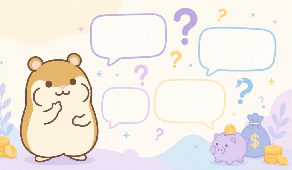 考えるポーズのハムスターと複数の疑問符と吹き出しのイラスト