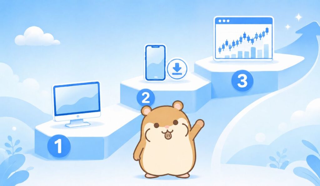 数字付きの階段状ステップを案内するハムスターのイラスト