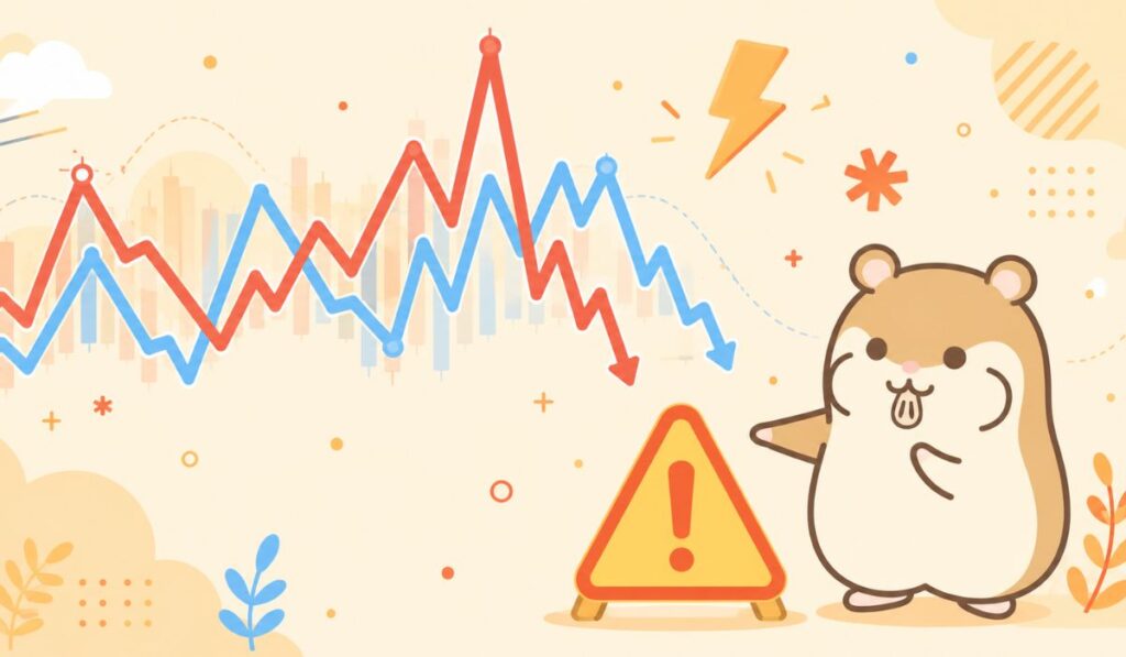 警告サインを指し示すハムスターと激しく変動する波形のイラスト