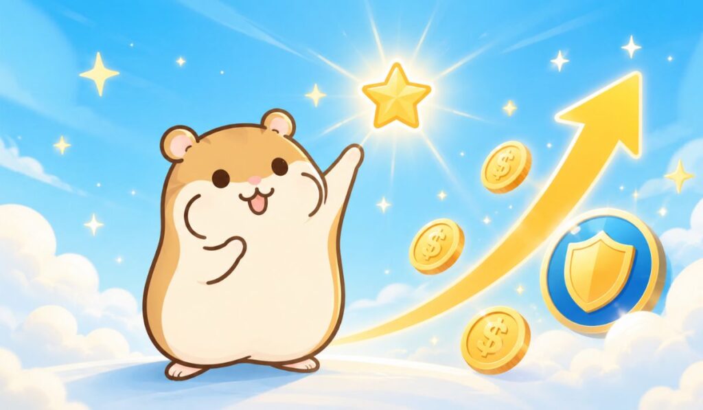 上向き矢印と輝く星を指し示しながら喜ぶハムスターのイラスト