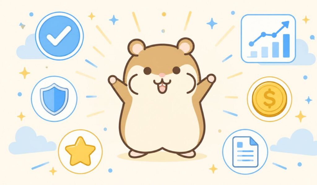 両腕を広げて達成感を示すハムスターと要点アイコン群のイラスト