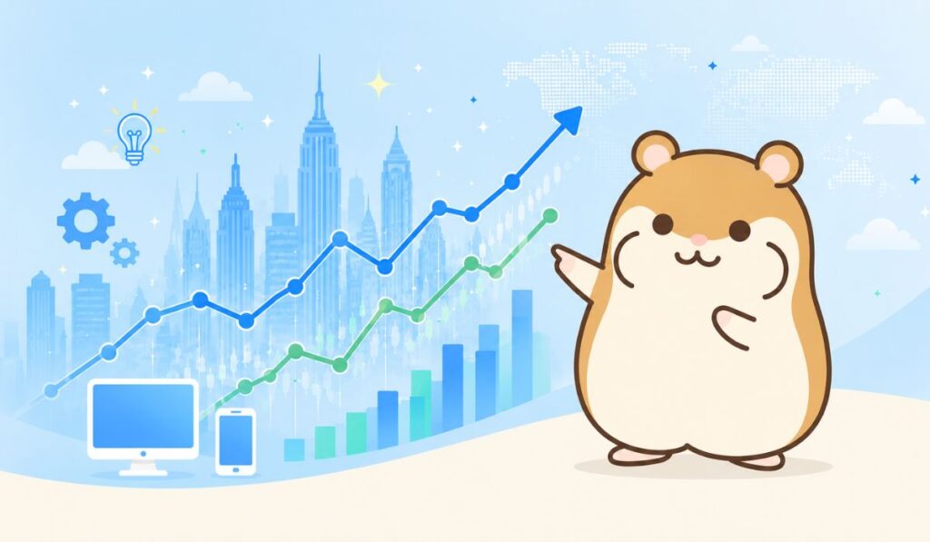 摩天楼のシルエットと上昇する株価チャートを指し示すハムスターのイラスト
