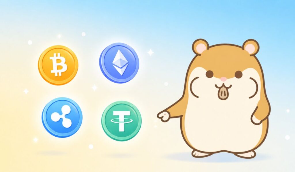 仮想通貨アイコンが浮かぶ背景の前で、右腕を前方に伸ばしてコインを指し示すハムスターのキャラクター