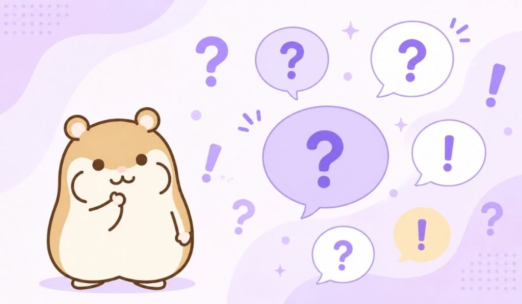 疑問符の吹き出しの近くで考えるポーズをとるハムスターのイラスト