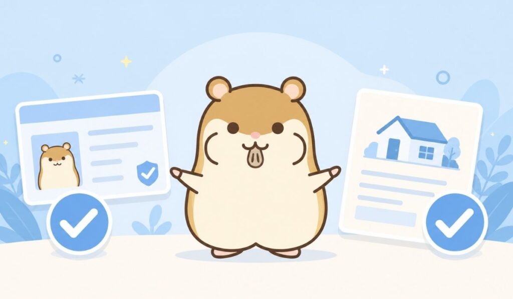 準備の整った2枚の書類カードを両腕で示すハムスターのイラスト