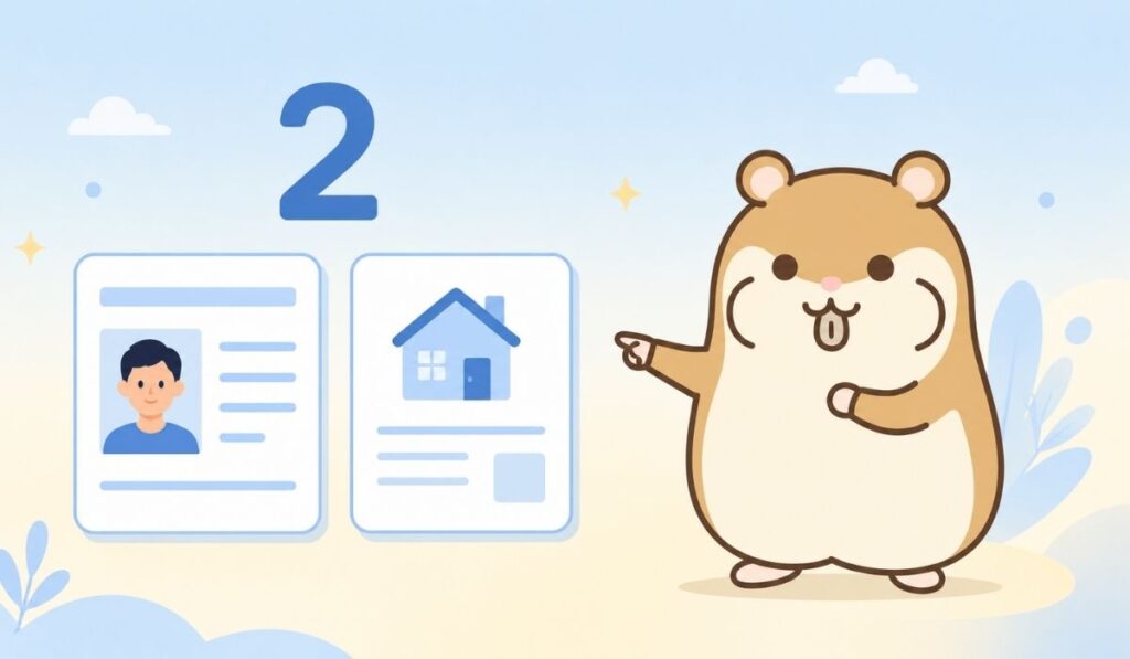 身分証明書と住所確認書類の2枚のカードを指し示すハムスターのイラスト
