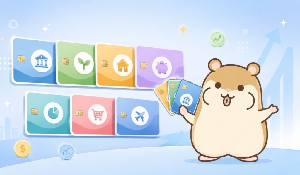 右下のハムスターが複数の口座カードを扇状に持って見せるイラスト