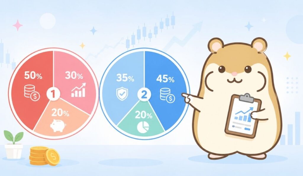 中央やや右に立つハムスターが2社の比較円グラフを指し示すイラスト