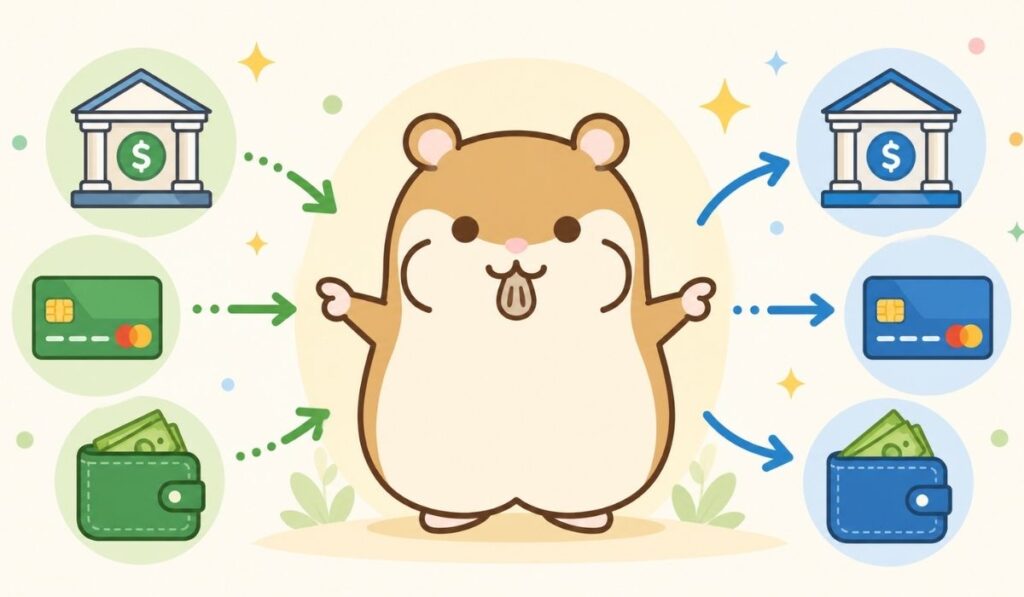 中央のハムスターが入出金の双方向矢印と決済アイコンを示すイラスト