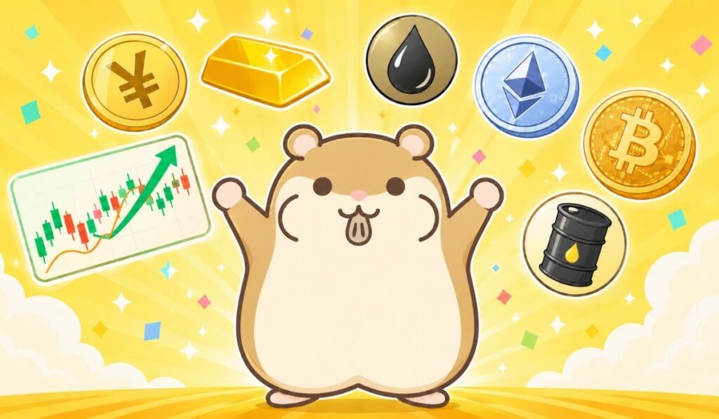 中央下のハムスターが頭上に多様な金融商品アイコンを示すイラスト