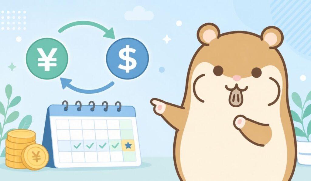 右側のハムスターがカレンダーを指し通貨記号が循環するイラスト