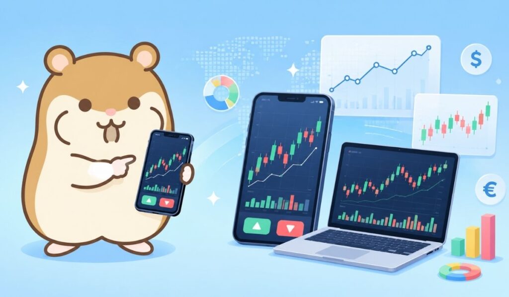 左側のハムスターがスマートフォンを持ちチャート画面を指すイラスト