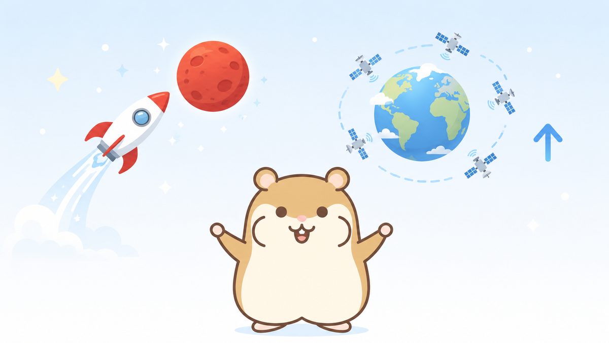火星へ向かうロケットと地球を取り巻く衛星通信網が上部に並び、中央下のハムスターが両腕を上げて左右を案内しているイラスト