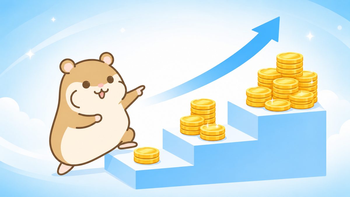 1万円から100万円へ上がる3段の階段を、左寄りの茶色いハムスターが登り始めるイラスト