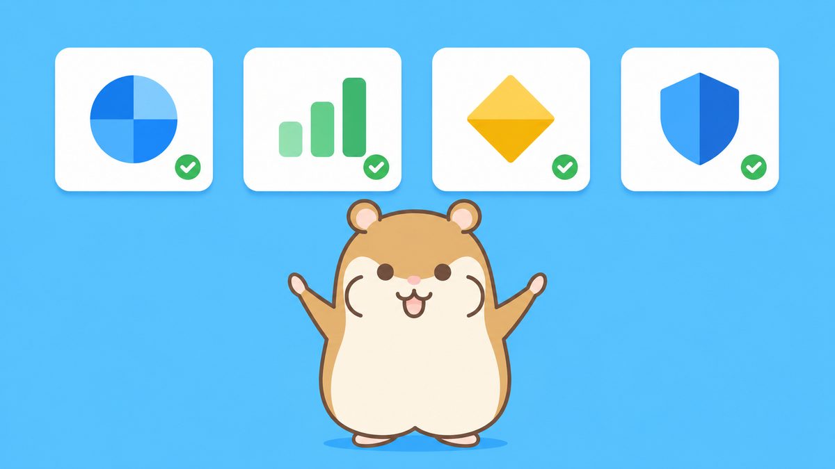 チェックの付いた4枚の業者カードが並ぶ下で、中央下部のハムスターが両腕で案内するイラスト