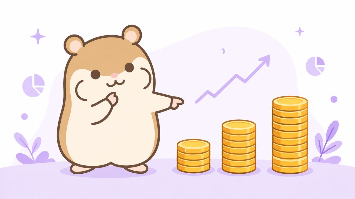 大きさの異なる3つのコインの山を指し示すハムスターのイラスト。XMの資金別の入金額の目安を表す