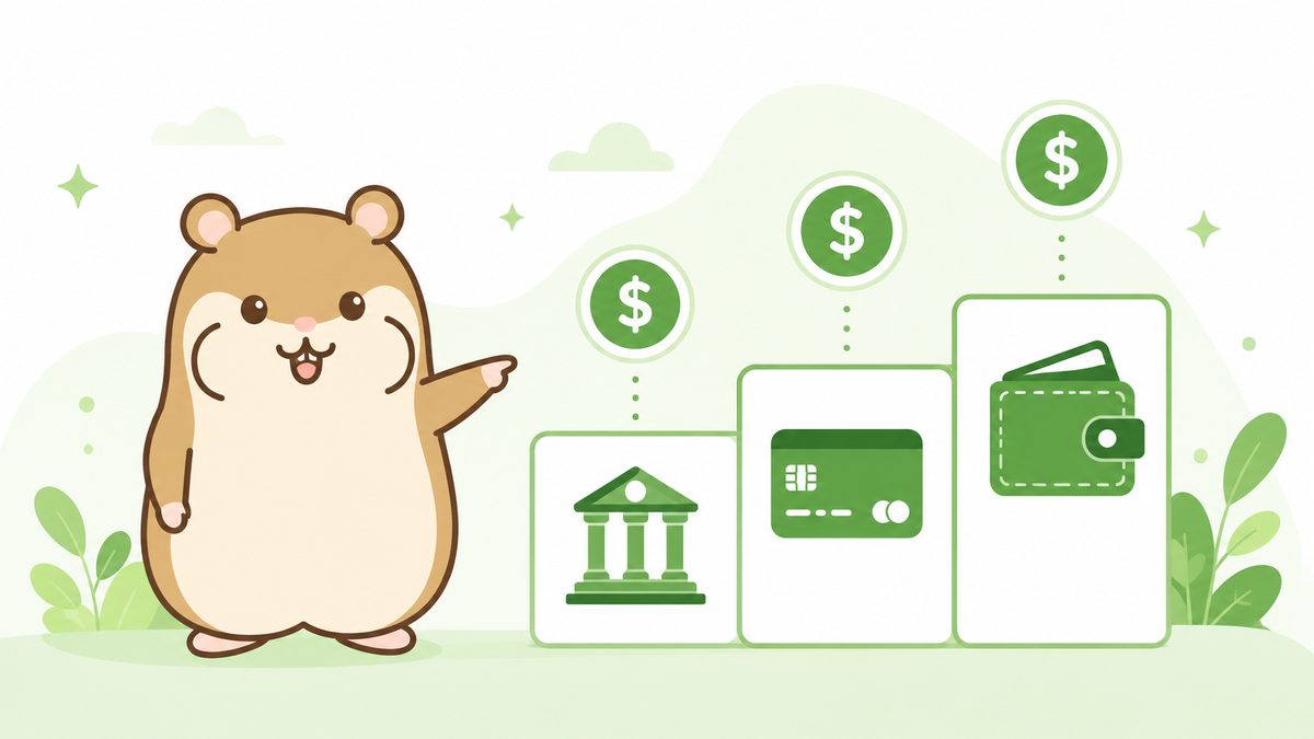 銀行・カード・ウォレットのアイコンを指し示すハムスターのイラスト。XMの入金方法ごとに最低入金額が異なることを表す