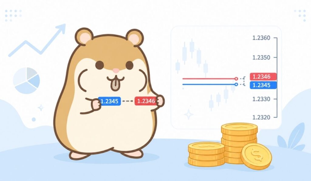左寄りのハムスターが両腕で狭い価格の幅を示し、コインが積まれている