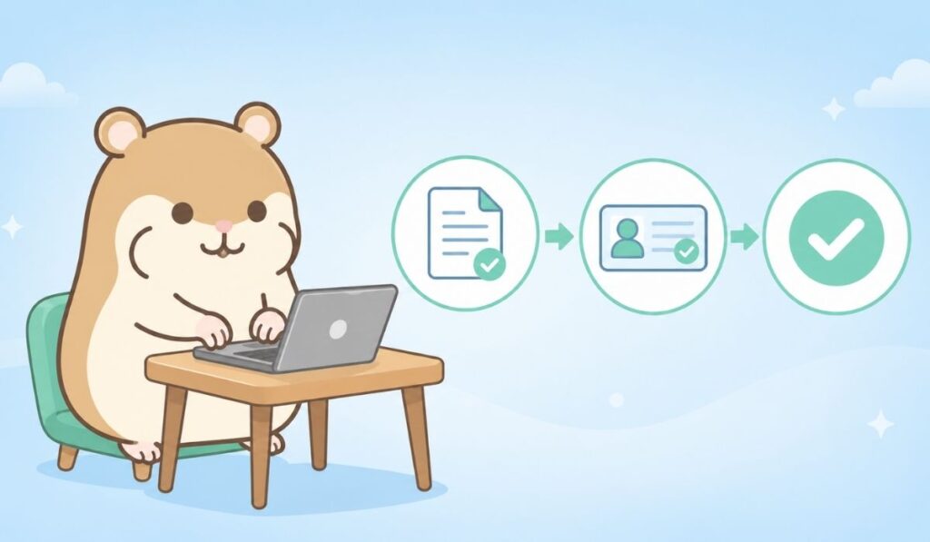 机のノートパソコンを両腕で操作するハムスターのイラスト。右側に書類・本人確認カード・チェックマークを矢印でつないだ3ステップの図が浮かんでいる