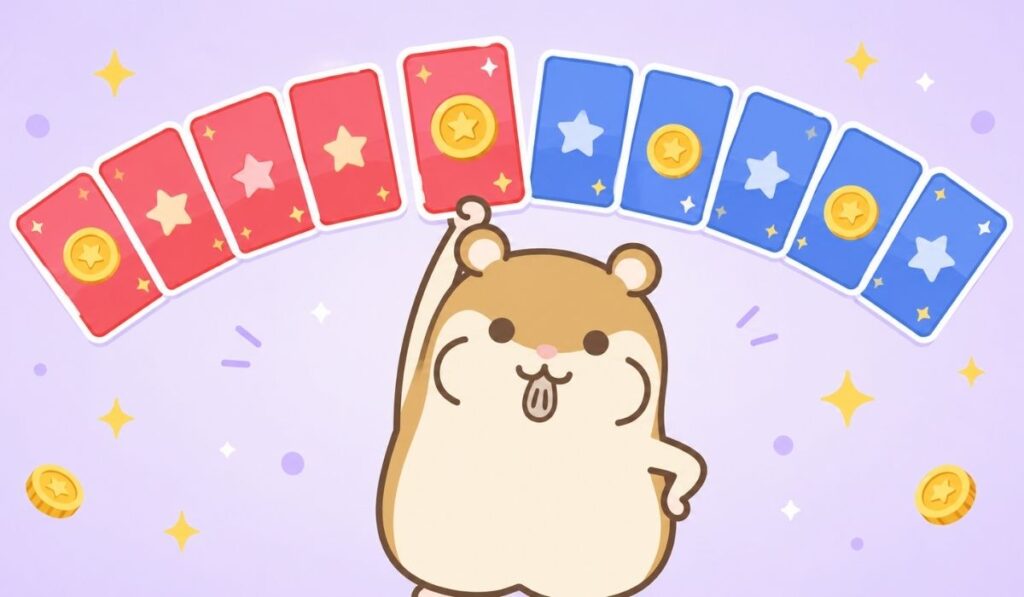 1枚のカードを右腕で頭上に掲げるハムスターのイラスト。上部に赤系4枚と青系6枚のカードが扇状に並んでいる