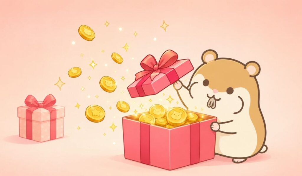 ギフトボックスの蓋を左腕で開けるハムスターのイラスト。箱の中から金色のコインと星のきらめきが舞い上がっている