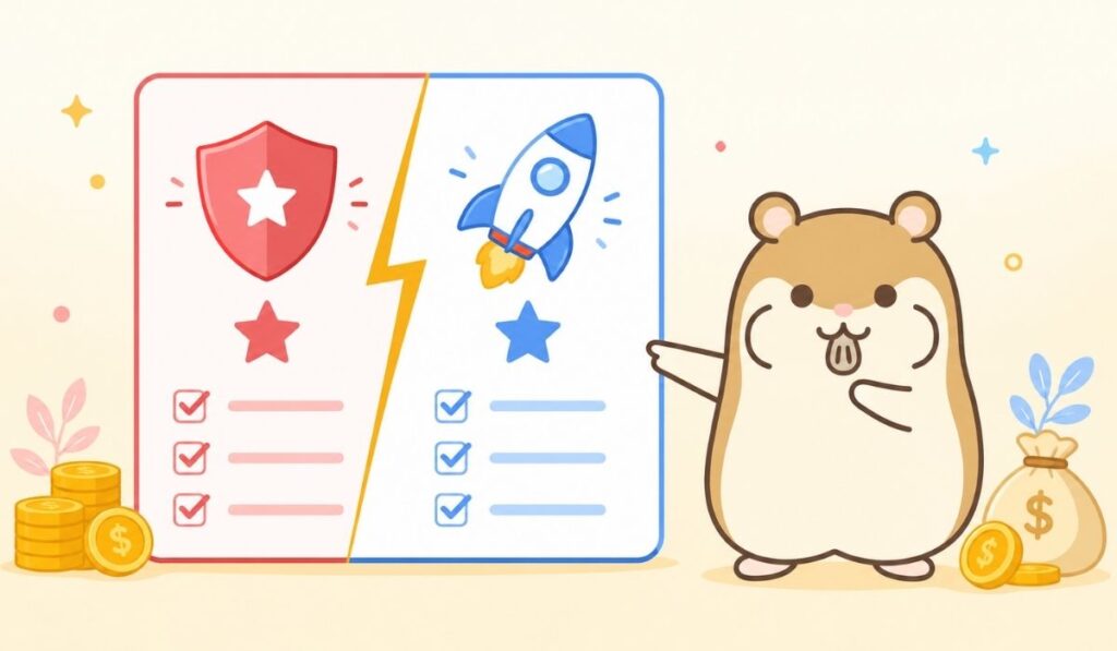 2分割された比較ボードを右腕で指し示すハムスターのイラスト。ボードの左半分に盾、右半分にロケットのアイコンが描かれている