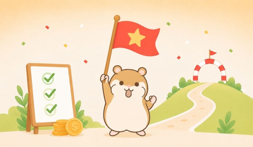 両腕で旗を高く掲げるハムスターのイラスト。左にチェックマークが並んだボード、右にゴールのアーチへ続く上り坂の道が描かれている