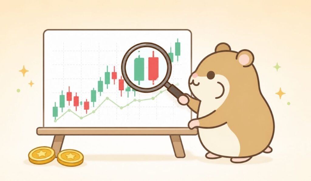虫眼鏡でローソク足チャートをのぞき込むハムスターのイラスト。レンズの中でローソク足2本の間の狭い隙間が拡大されている